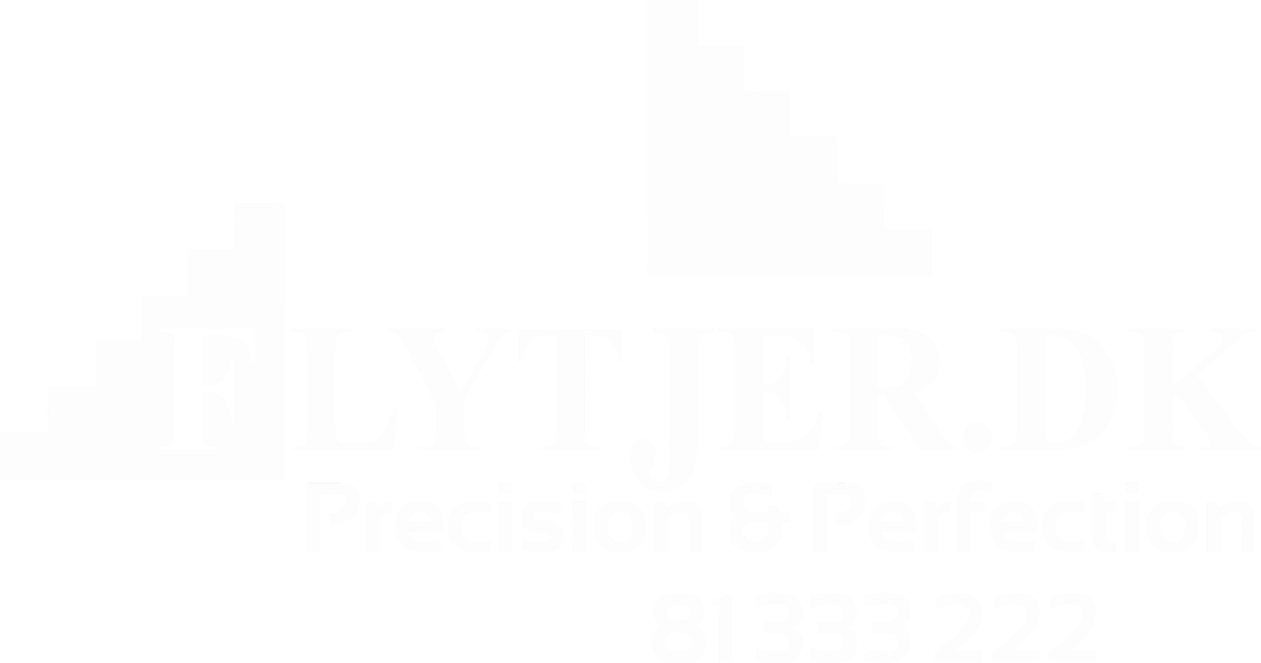 Flytjer.dk logo i hvid med teksten "Precision & Perfection" og telefonnummer.
