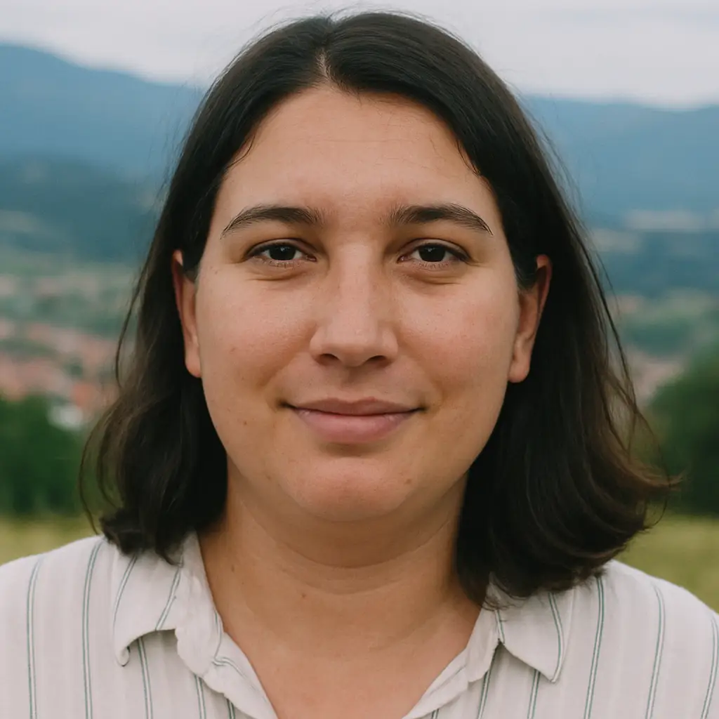 Kvinde med mørkt hår, der smiler, med bjerge i baggrunden.