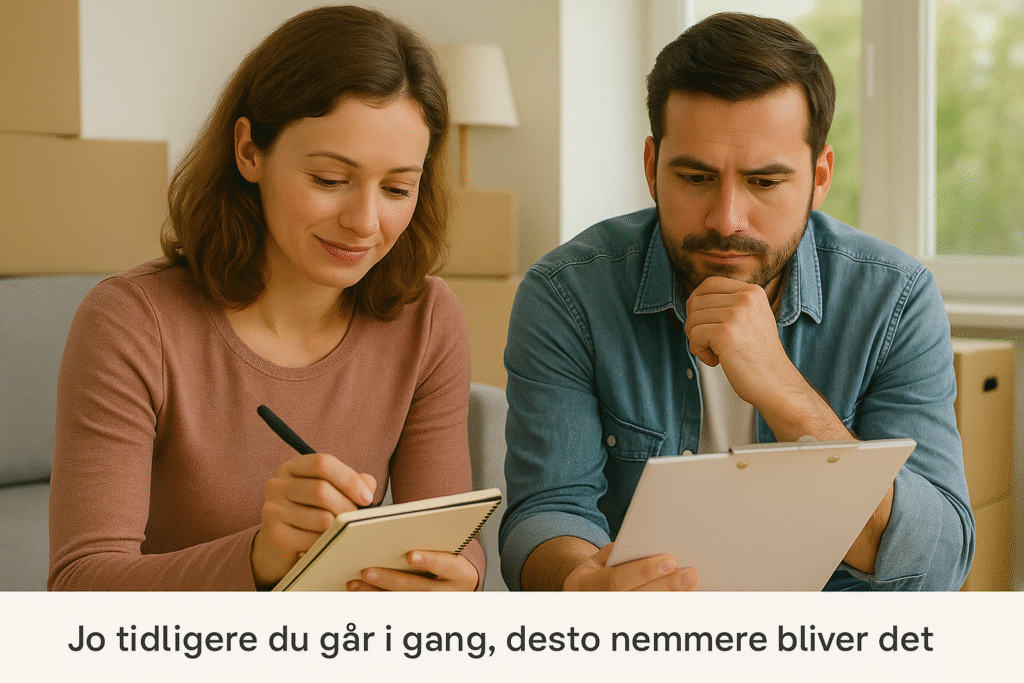 Par planlægger flytning, skriver tjekliste i nyt hjem.