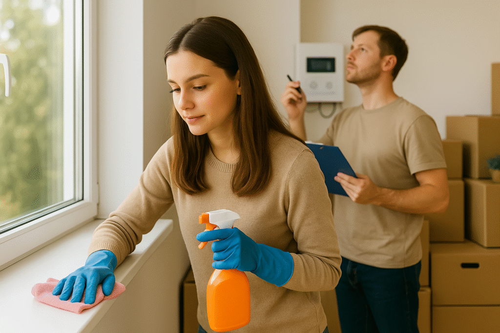 Kvinde rengør vindueskarm med mand der aflæser målere i baggrunden, under flytning.