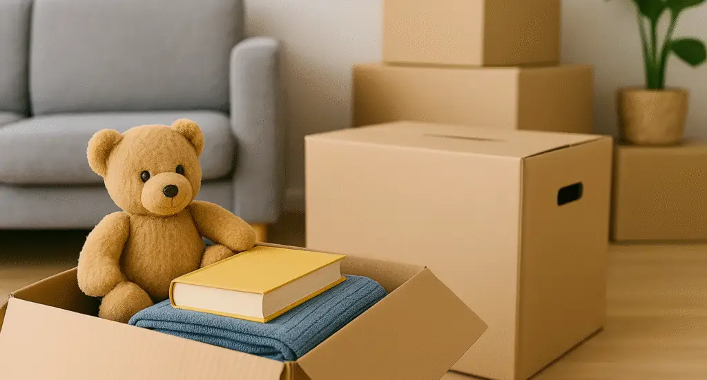 En bamse, bog og tæppe i en flyttekasse klar til børneværelset.