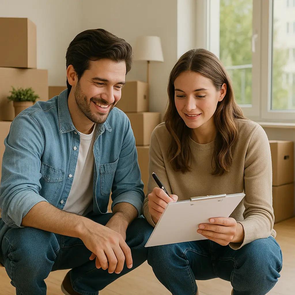 Par gennemgår tjekliste for flytning i ny lejlighed omgivet af flyttekasser.