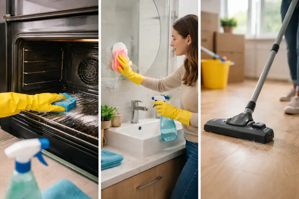 Person rengør ovn, badeværelsespejl og støvsuger gulv under flytterengøring.