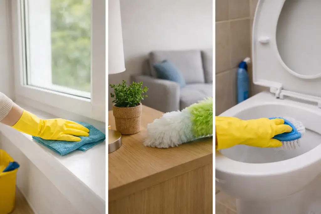 Person rengør vindueskarm, tørrer støv af, og renser toilet med handsker og børste